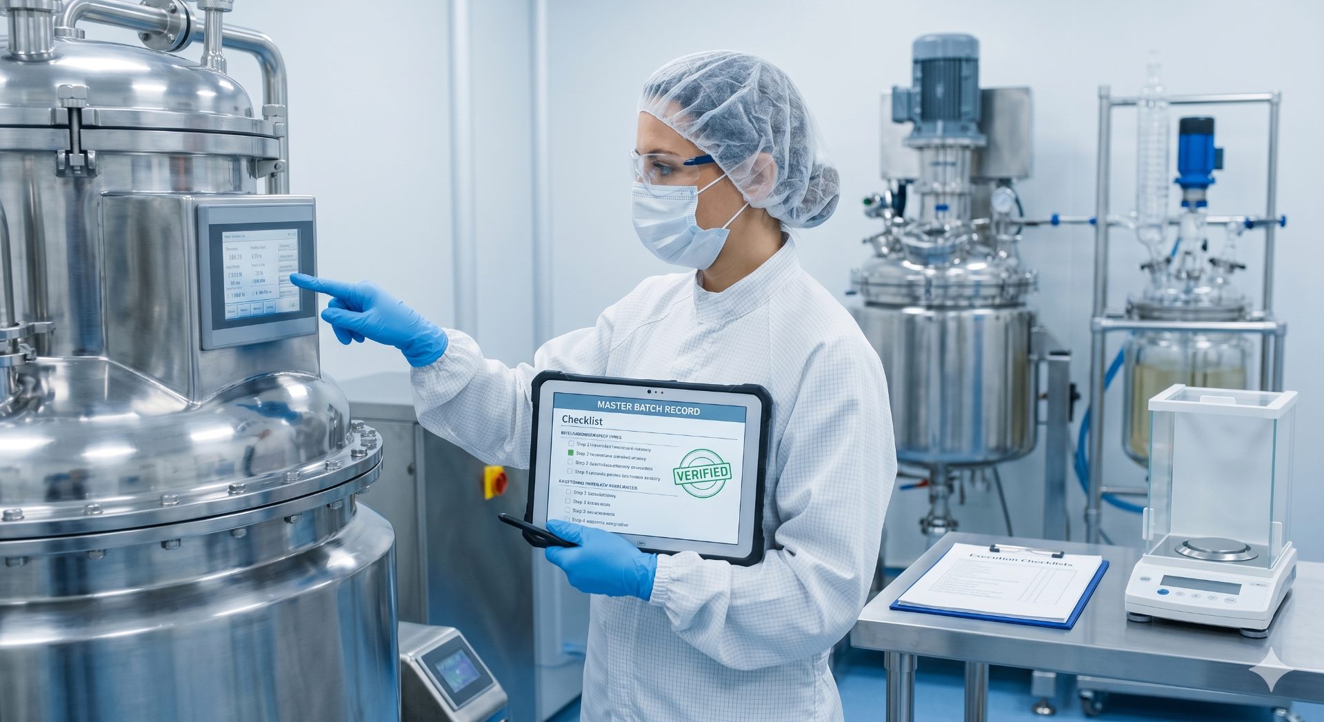 Operator verifying Master Batch Record checklist on tablet beside production reactor