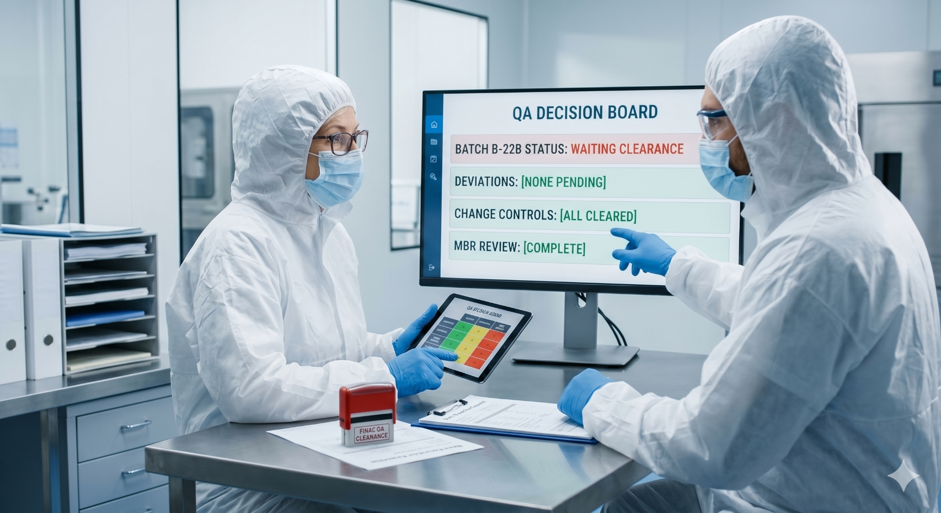 QA team reviewing a decision board with batch clearance status