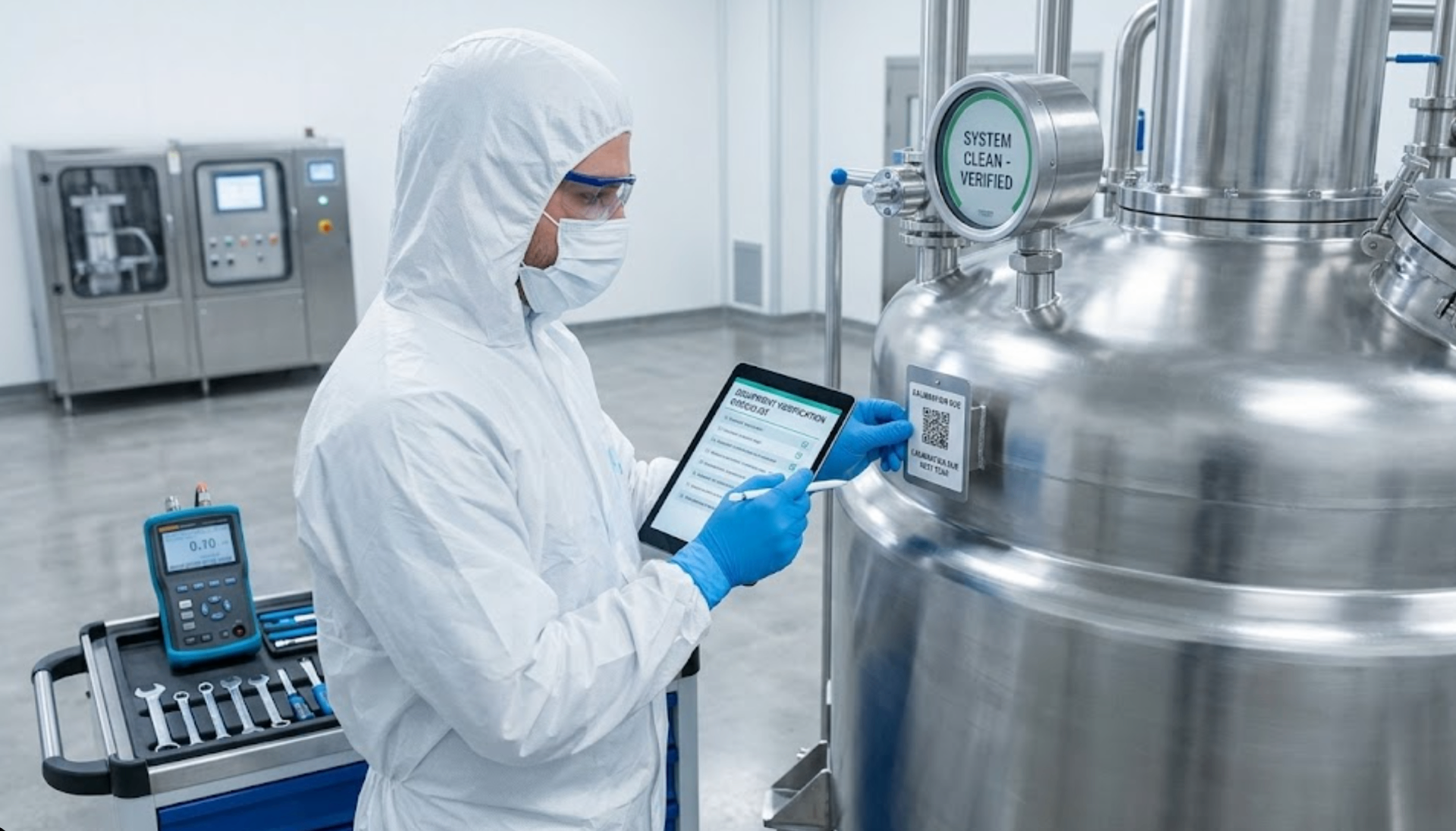 Technician verifying equipment calibration and clean status on tablet beside stainless steel reactor