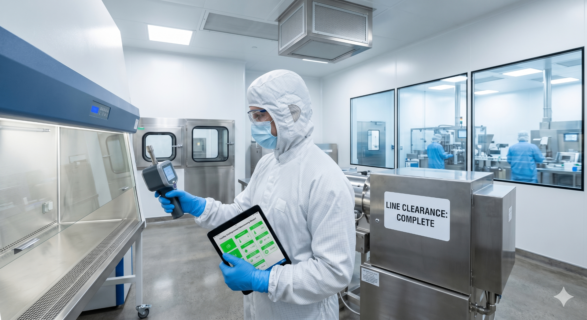 Operator performing environmental monitoring in cleanroom with line clearance complete status
