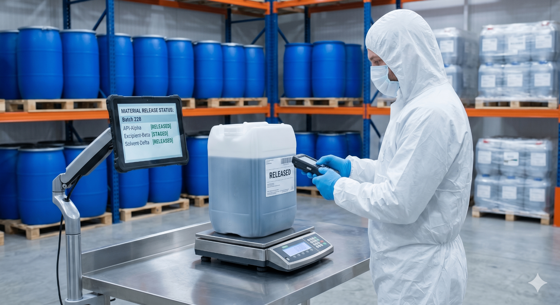 Operator scanning a released raw material container with batch release status display