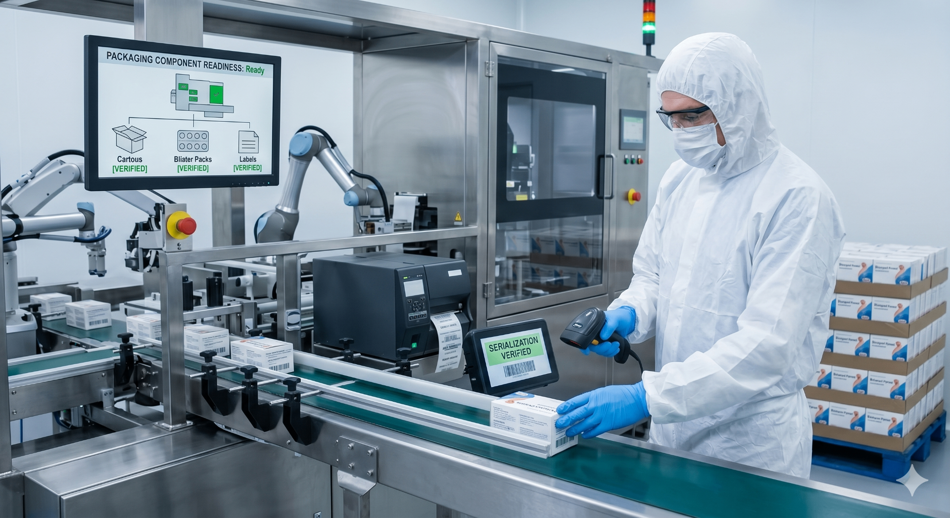 Pharmaceutical packaging line with verified component readiness display