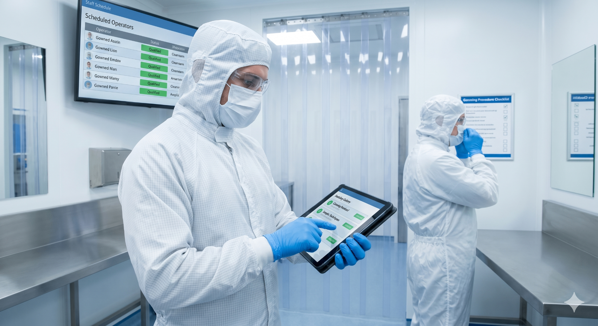 Gowned operator reviewing scheduled qualified personnel roster on tablet in cleanroom airlock