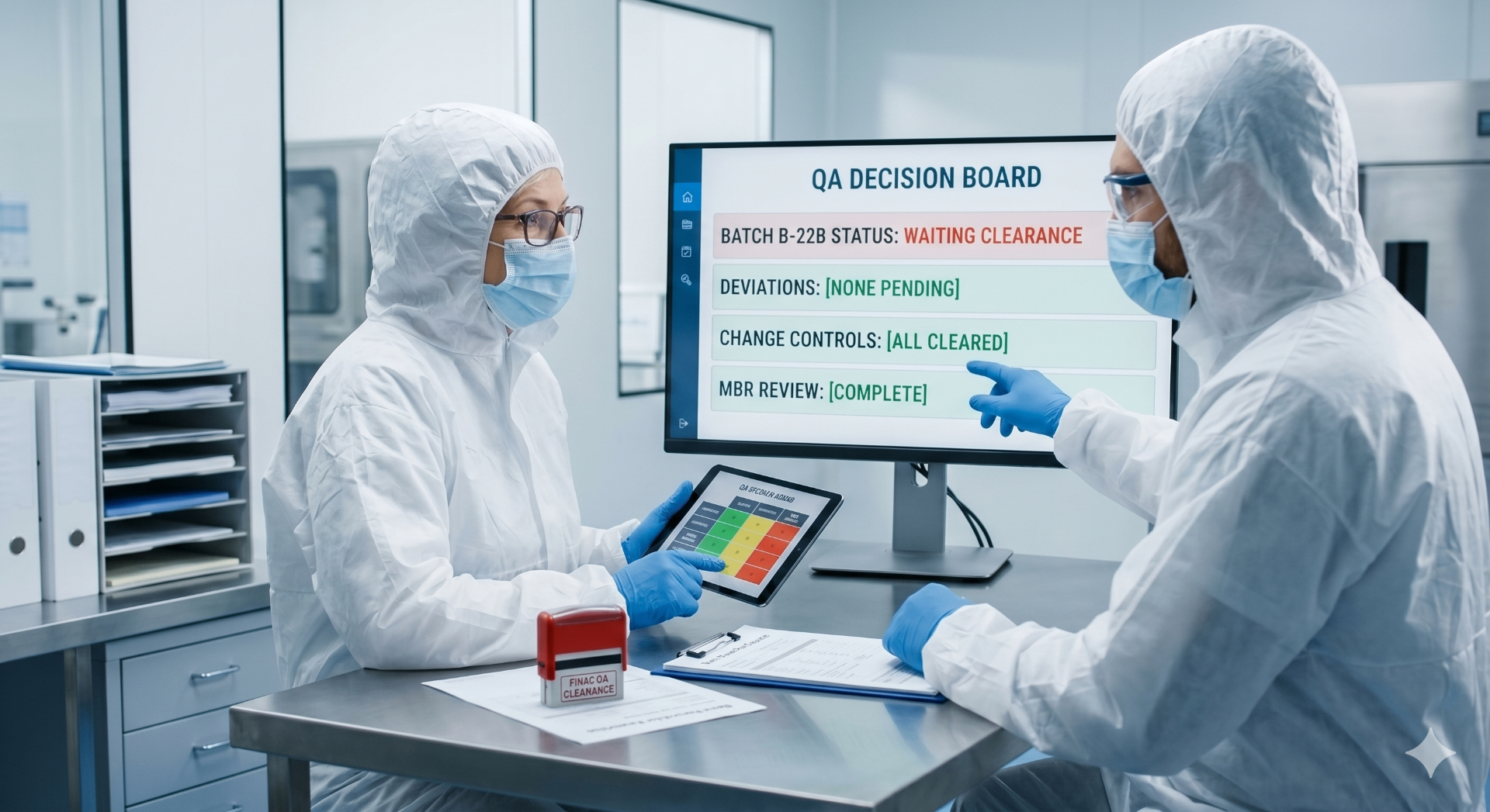 QA team reviewing batch decision board with deviations, change controls, and MBR review status