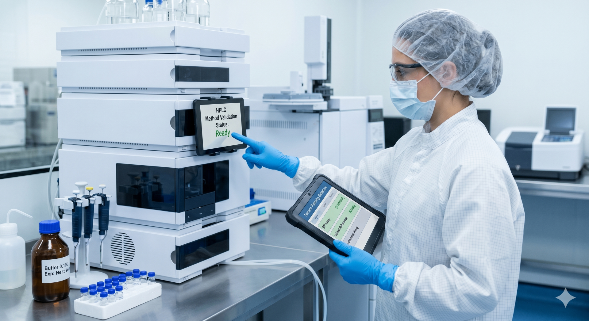 QC analyst confirming HPLC method validation status on lab instrument